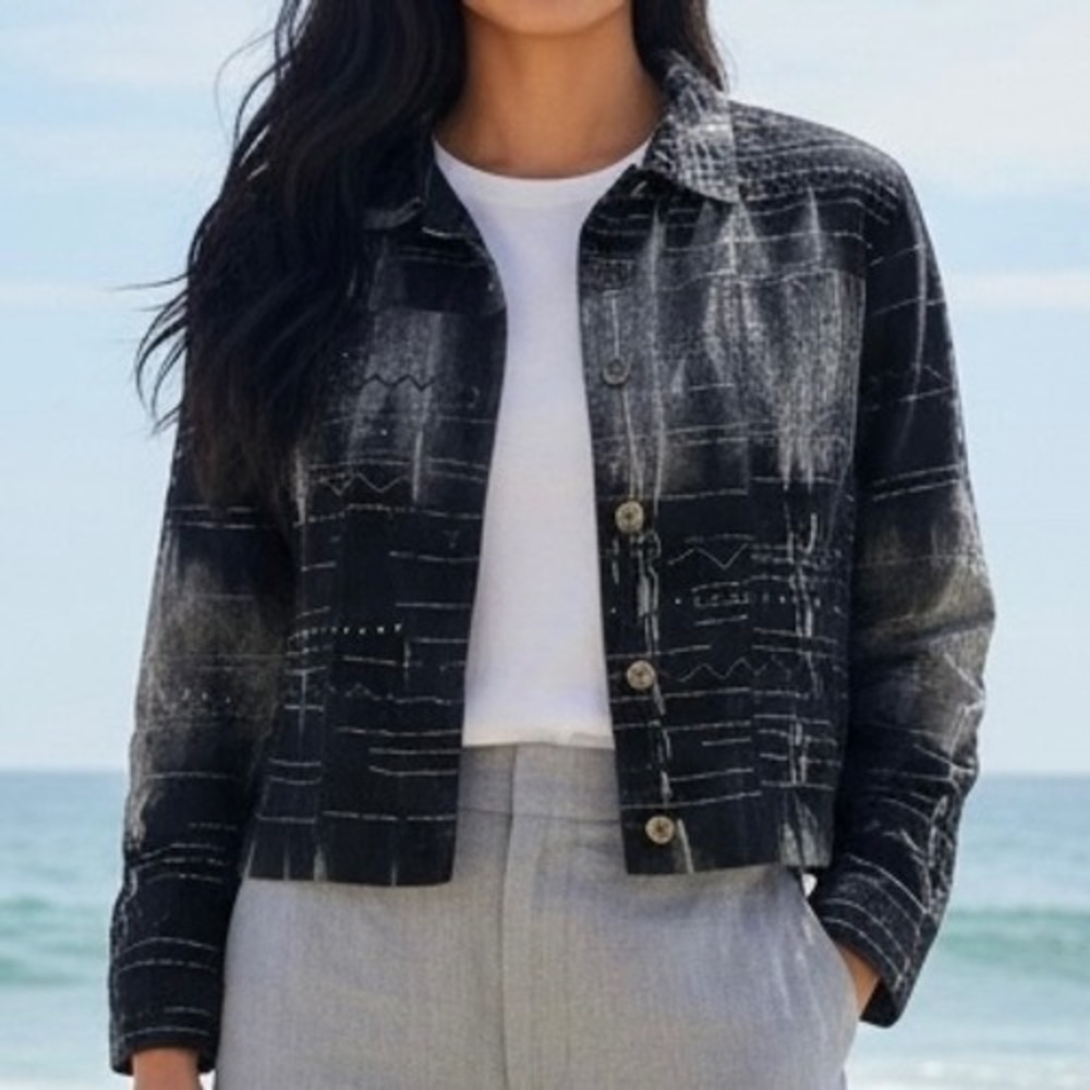 Chicos Womens Black White Corduroy Beaded Embroidered Jacket Size 2/US Lg Artsy